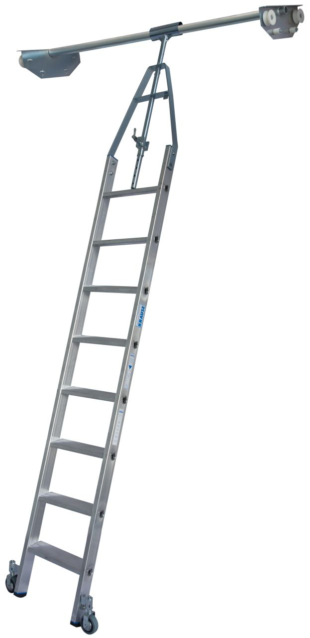 Stufen-Regalleiter für Doppelregal mit Rundrohr-Schienenanlage, 8 Stufen Stufen-RegalLeiter für Doppelregal mit Rundrohr-Schienenanlage, 6 Stufen