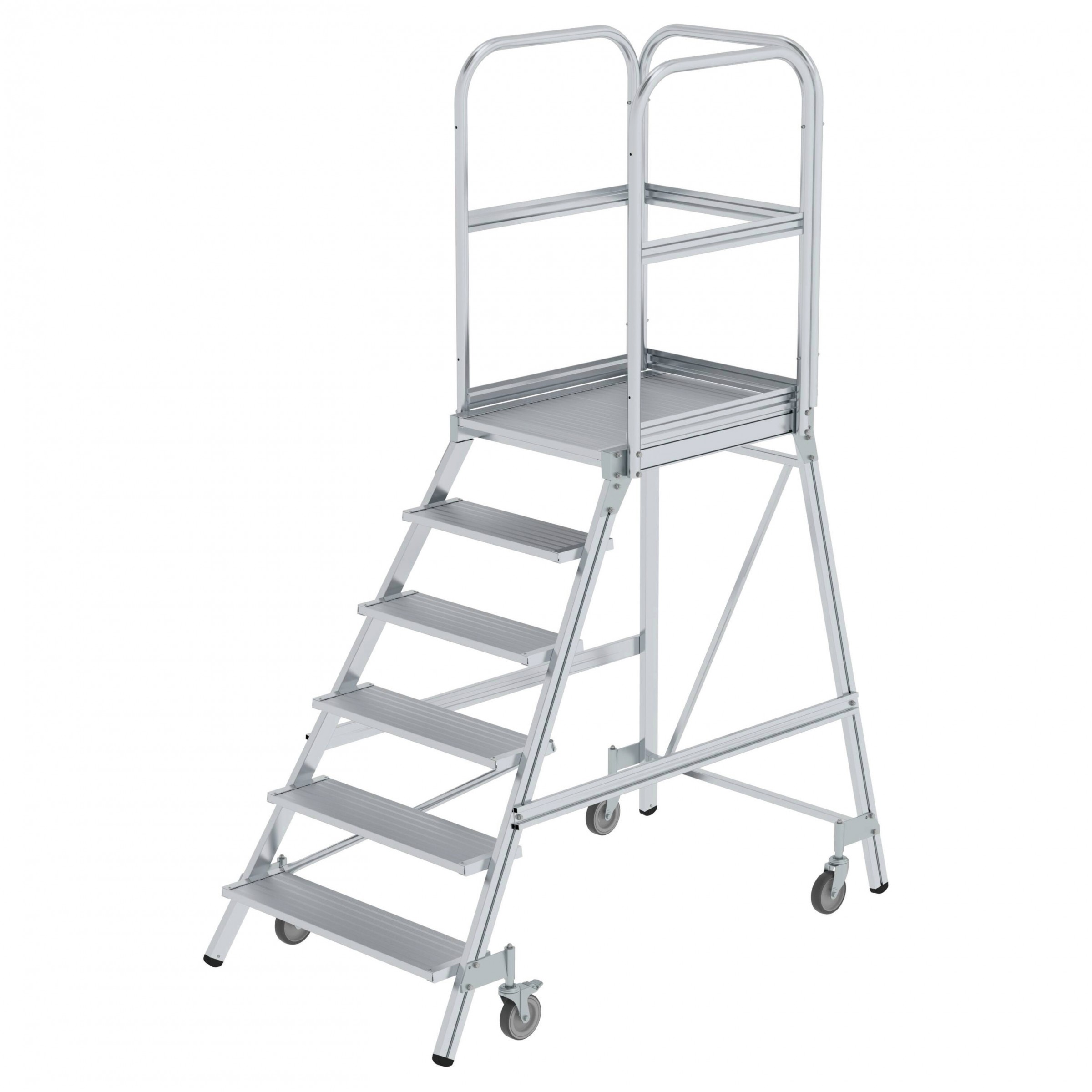 Aluminium-Podestleiter, einseitig begehbar, mit Federrollen, 2 Stufen, Aluminium geriffelt Aluminium-Podestleiter, einseitig begehbar, mit Federrollen, 2 Stufen, Aluminium geriffelt