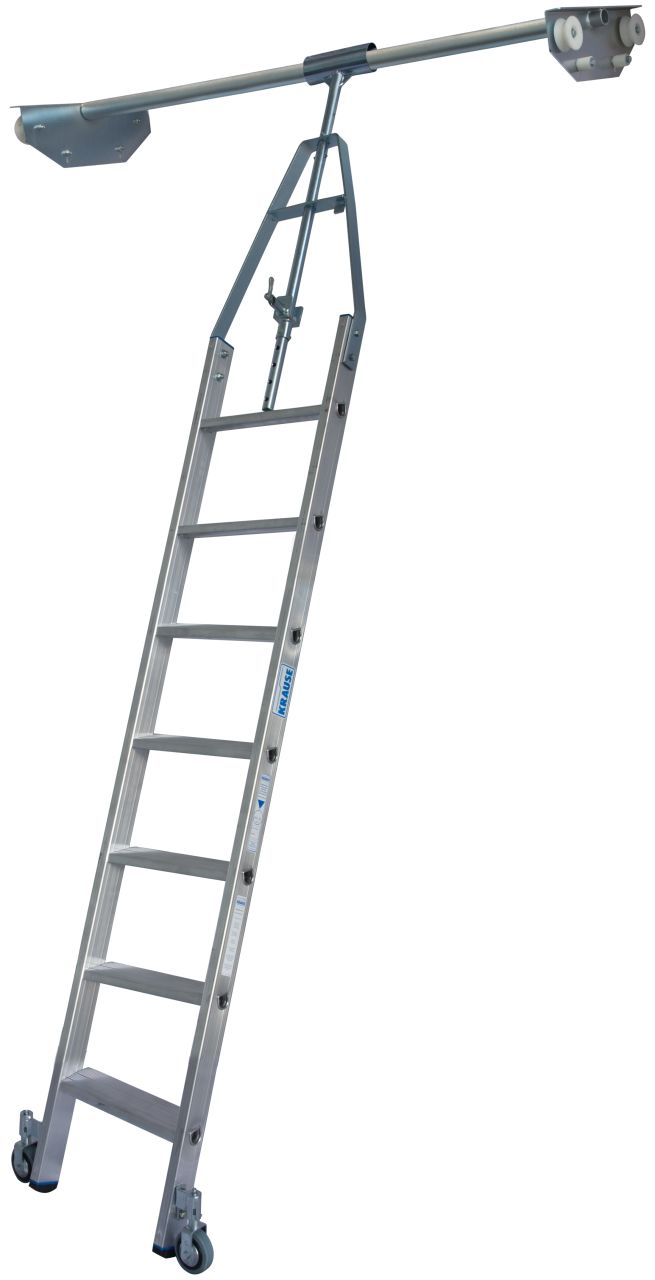 Stufen-Regalleiter für Doppelregal mit Rundrohr-Schienenanlage, 7 Stufen Stufen-RegalLeiter für Doppelregal mit Rundrohr-Schienenanlage, 6 Stufen