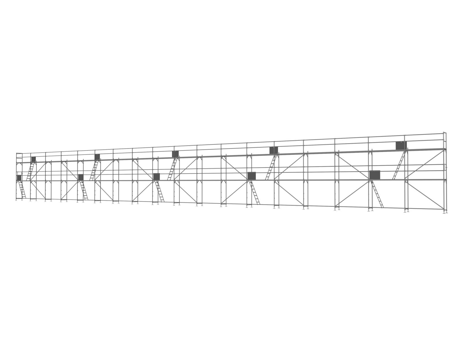 Alu Traufseitengerüst 270 qm - 2,5 m Felder - 45 m lang - 6 m Arbeitshöhe - Basis-Gerüst inkl. Aufstieg & Befestigung