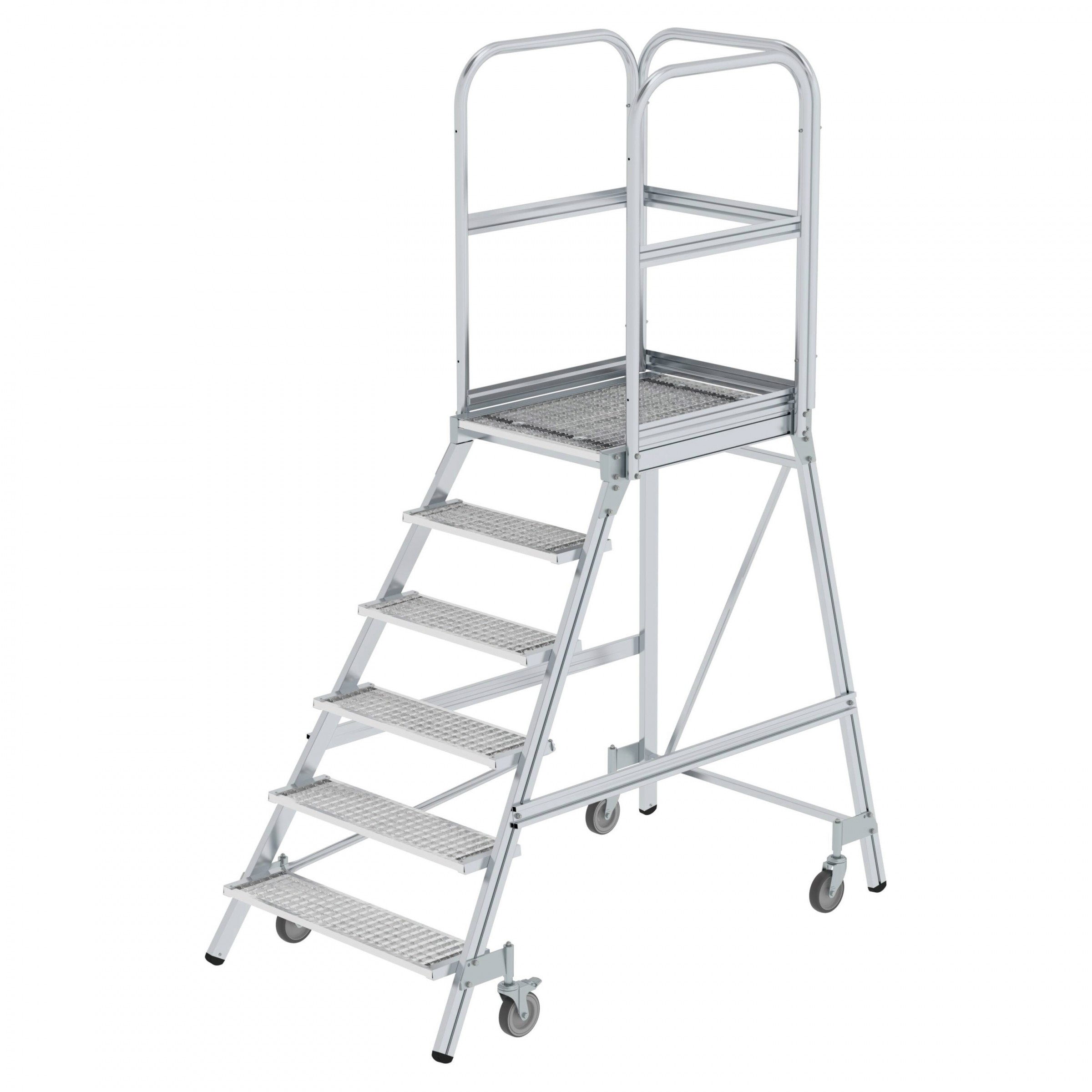 Aluminium-Podestleiter, einseitig begehbar, mit Federrollen, 2 Stufen, Stahl-Gitterrost Aluminium-Podestleiter, einseitig begehbar, mit Federrollen, 2 Stufen, Stahl-Gitterrost