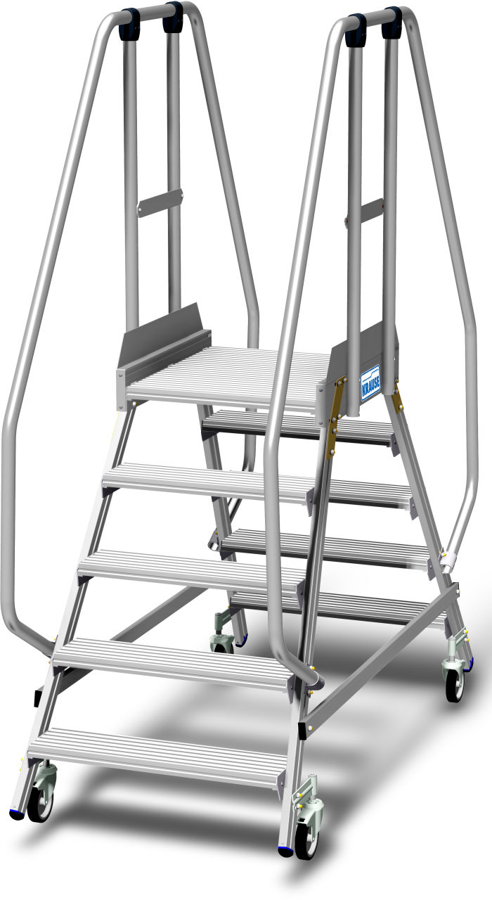 Podestleiter fahrbar, beidseitig begehbar mit Fußleiste und extra hohem Handlauf, 2x5 Stufen