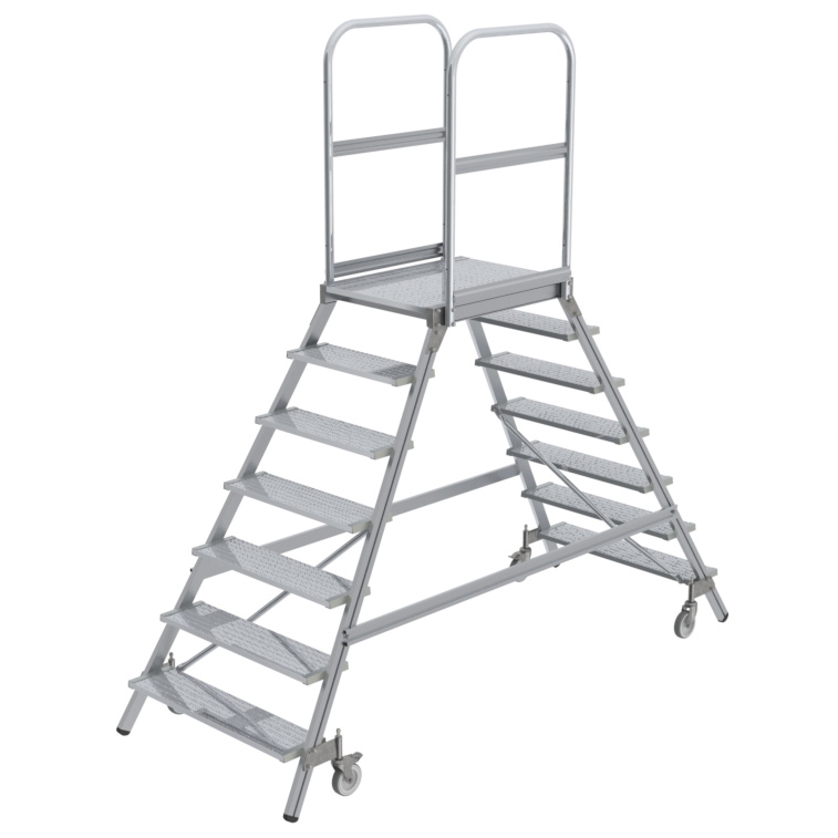 Aluminium-Podestleiter, beidseitig begehbar, 2x7 Stufen Aluminium-Podestleiter, beidseitig begehbar, 2x7 Stufen