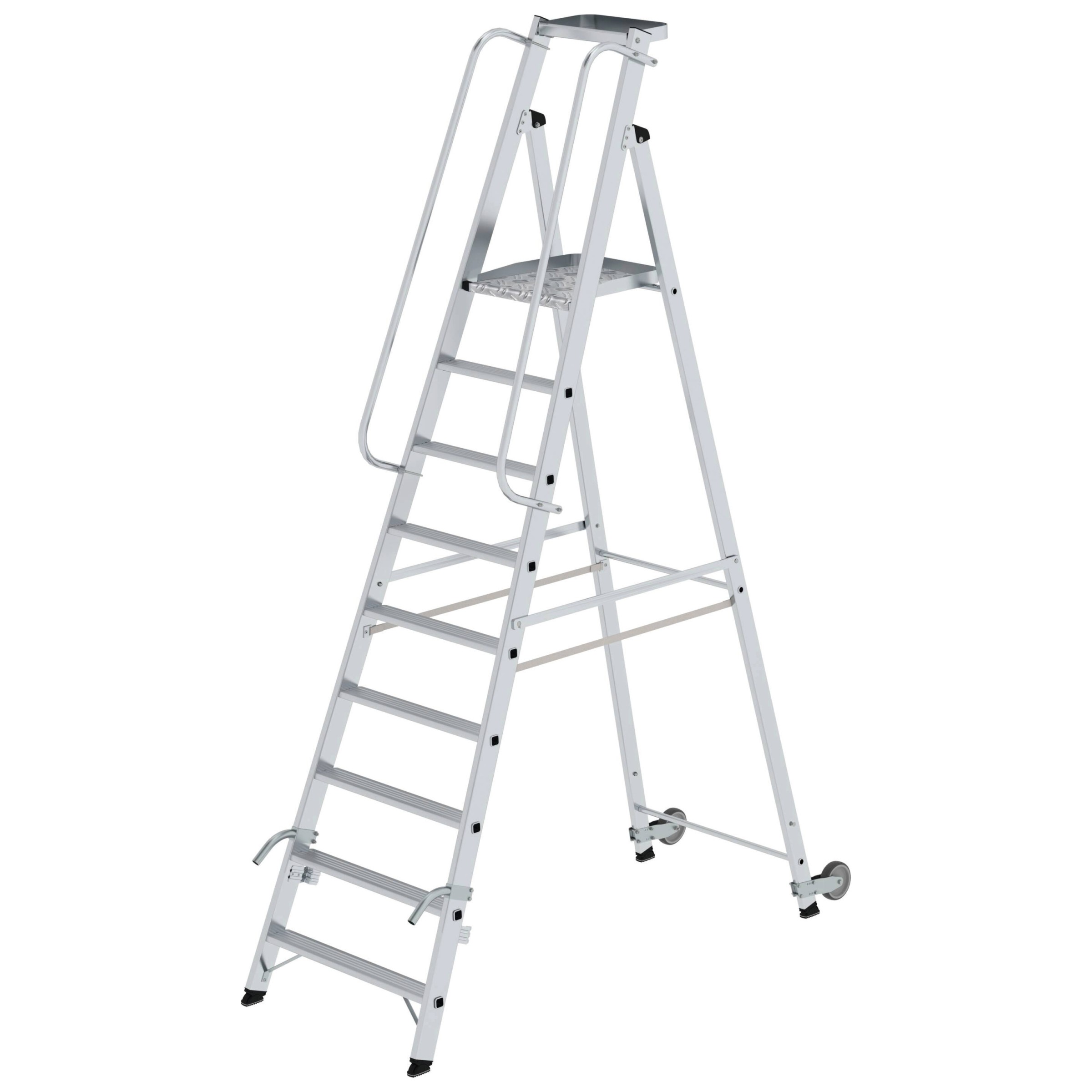 Aluminium-Stehleiter, einseitig begehbar, mit Rollen und Griff, 10 Stufen Aluminium-Stehleiter, einseitig begehbar, mit Rollen und Griff, 10 Stufen