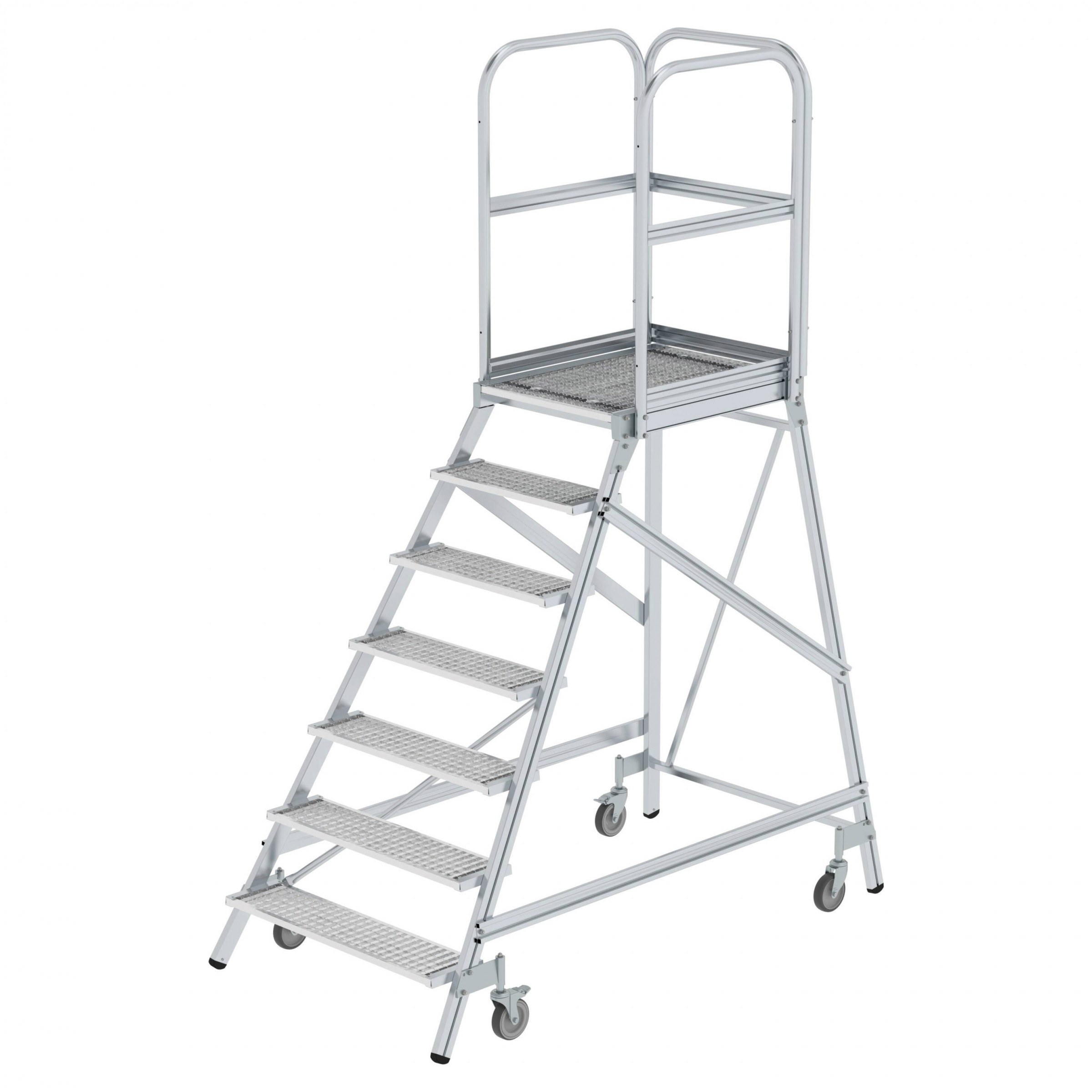 Aluminium-Podestleiter, einseitig begehbar, mit Federrollen, 2 Stufen, Stahl-Gitterrost Aluminium-Podestleiter, einseitig begehbar, mit Federrollen, 2 Stufen, Stahl-Gitterrost