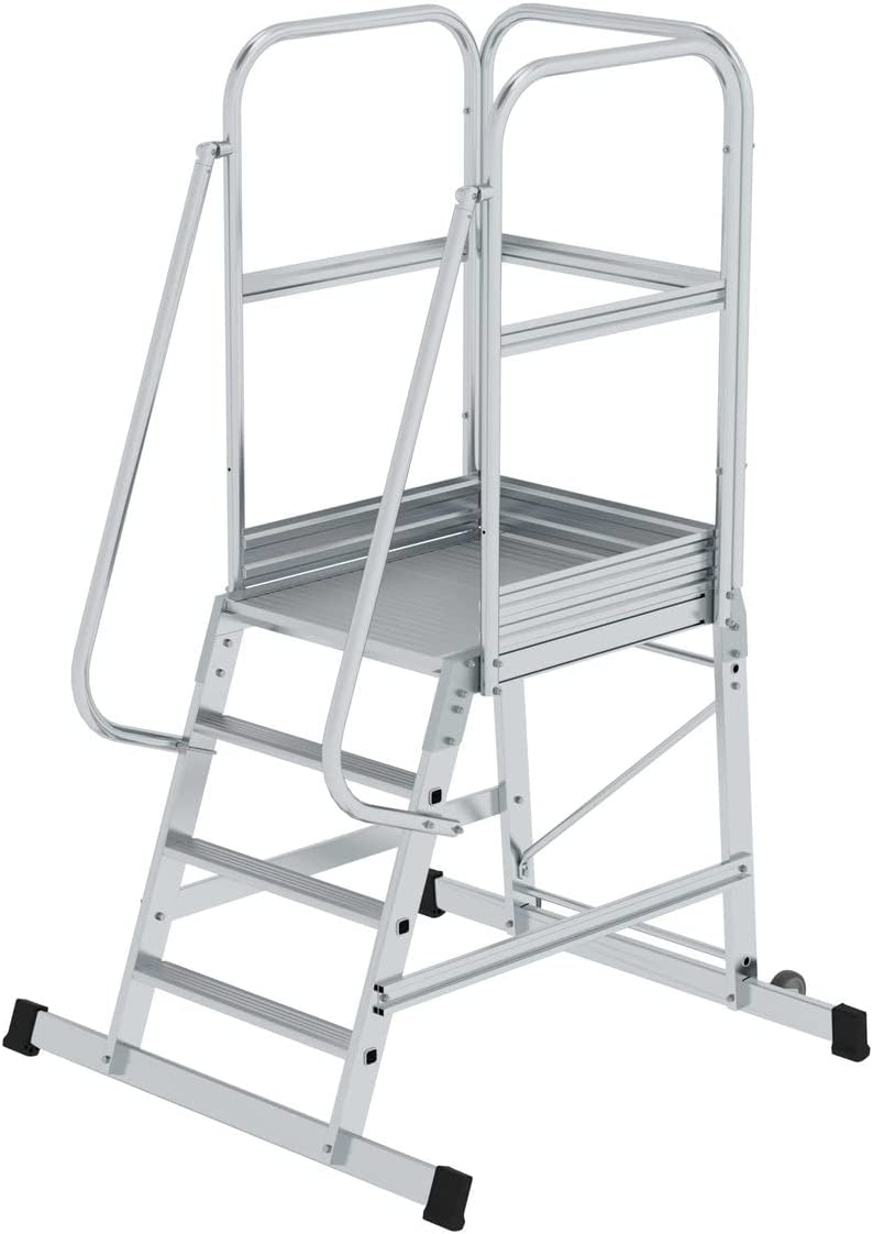 Aluminium-Podesttreppe, einseitig begehbar, fahrbar, 4 Stufen Aluminium-Podesttreppe, einseitig begehbar, fahrbar, 4 Stufen