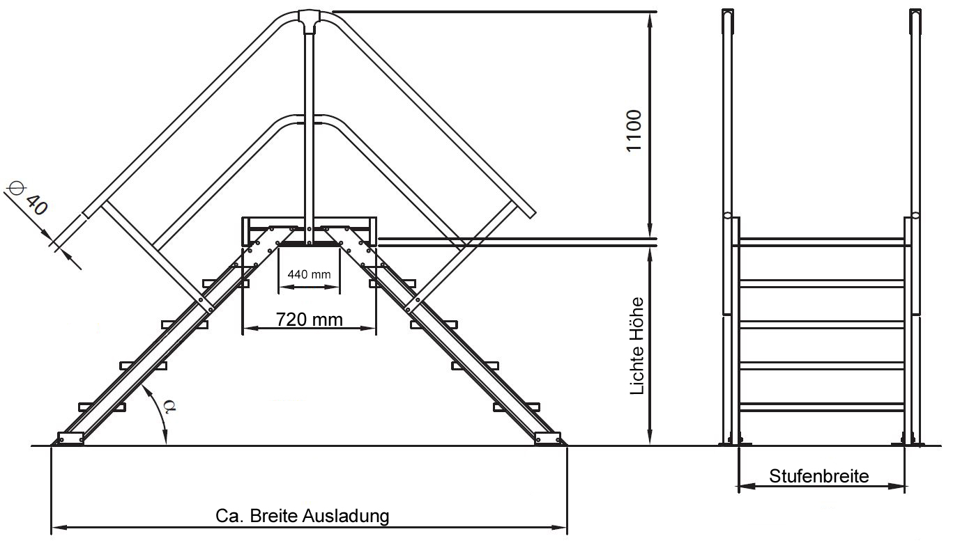 EUROLINE 512 ÜBERGANG 60° Übergang, 60° Steigwinkel, 600 mm Stufenbreite, 4 Stufen
