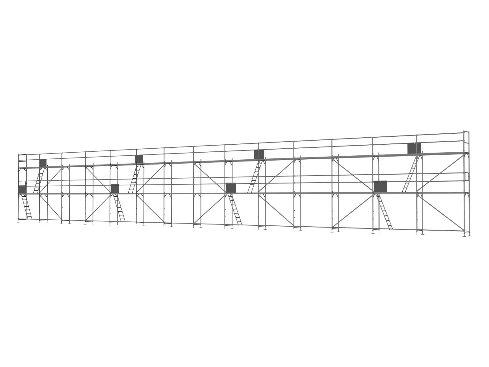 Alu Traufseitengerüst 210 qm - 2,5 m Felder - 35 m lang - 6 m Arbeitshöhe - Basis-Gerüst inkl. Aufstieg & Befestigung