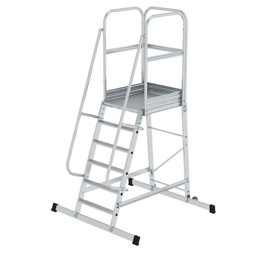 Aluminium-Podesttreppe, einseitig begehbar, fahrbar, 4 Stufen Aluminium-Podesttreppe, einseitig begehbar, fahrbar, 4 Stufen