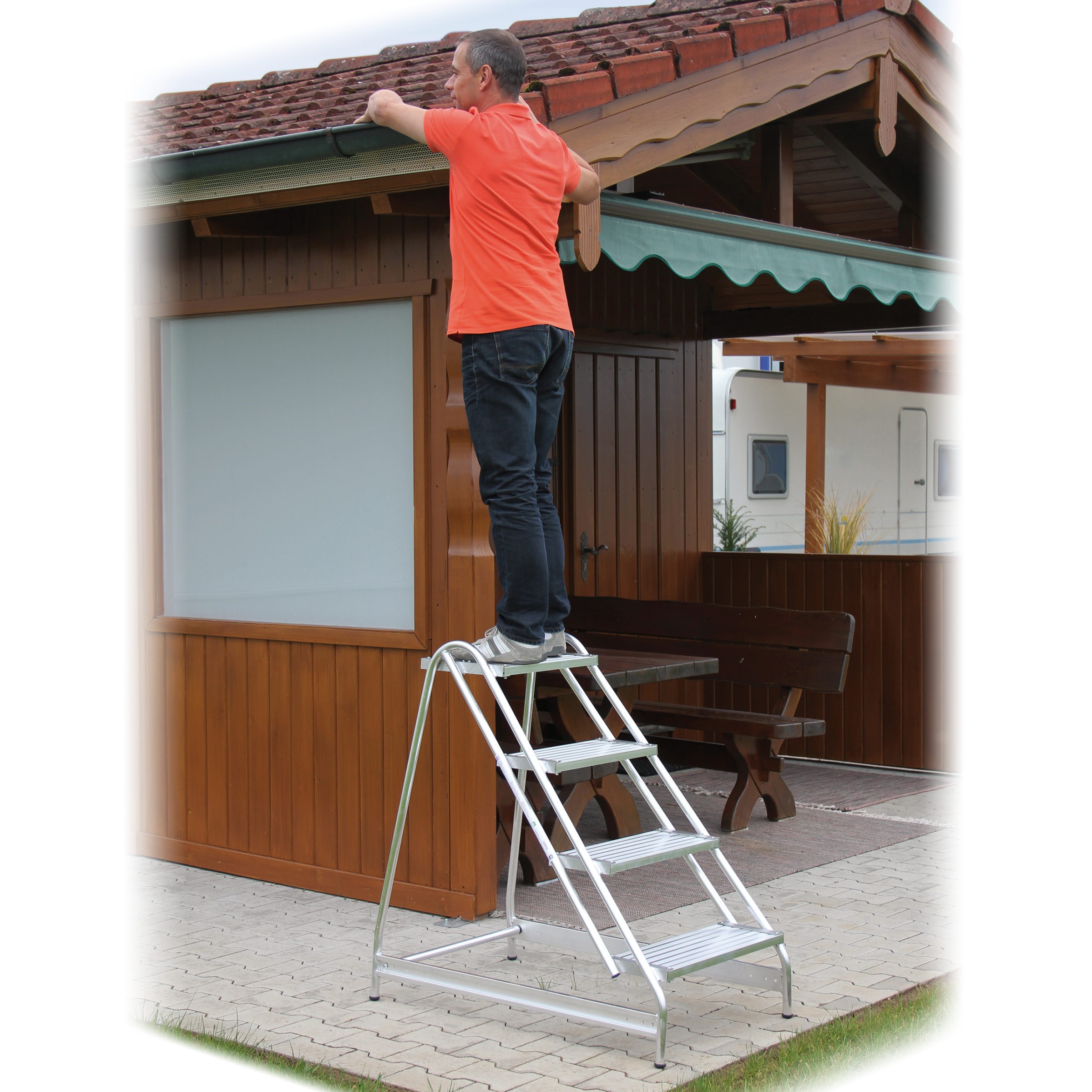 Aluminium-Arbeitspodest, einseitig begehbar, Stahl Gitterrost, 2 Stufen