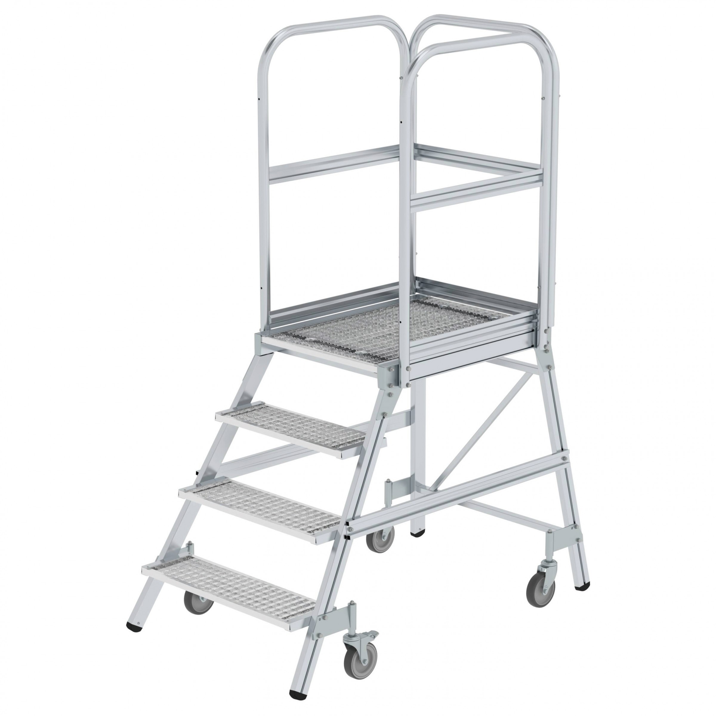 Aluminium-Podestleiter, einseitig begehbar, mit Federrollen, 2 Stufen, Stahl-Gitterrost Aluminium-Podestleiter, einseitig begehbar, mit Federrollen, 2 Stufen, Stahl-Gitterrost