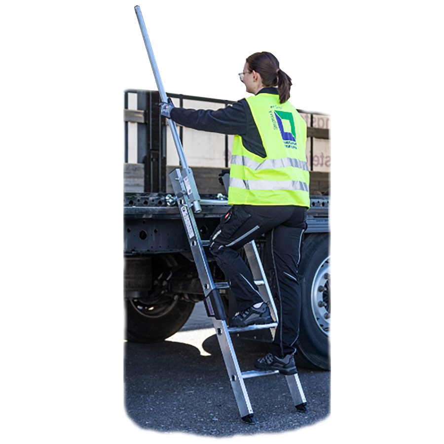 Stufen-Anlegeleiter LKW mit Ausstiegsholm links Stufen-Anlegeleiter LKW mit Ausstiegsholm links