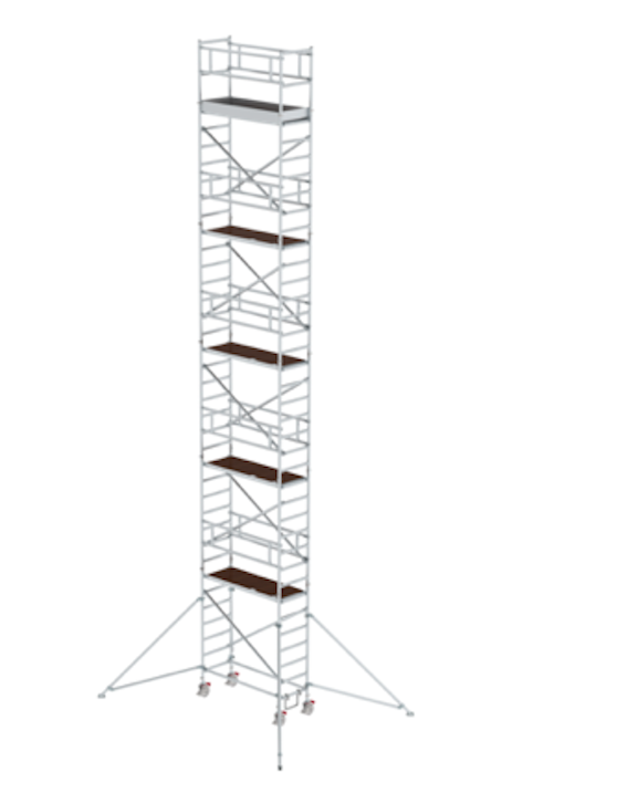 Rollgerüst SG mit Ausleger Plattformgröße 1,80 x 0,75 m, Arbeitshöhe 12,35 m Rollgerüst SG mit Ausleger Plattformgröße 1,80 x 0,75 m, Arbeitshöhe 8,43 m