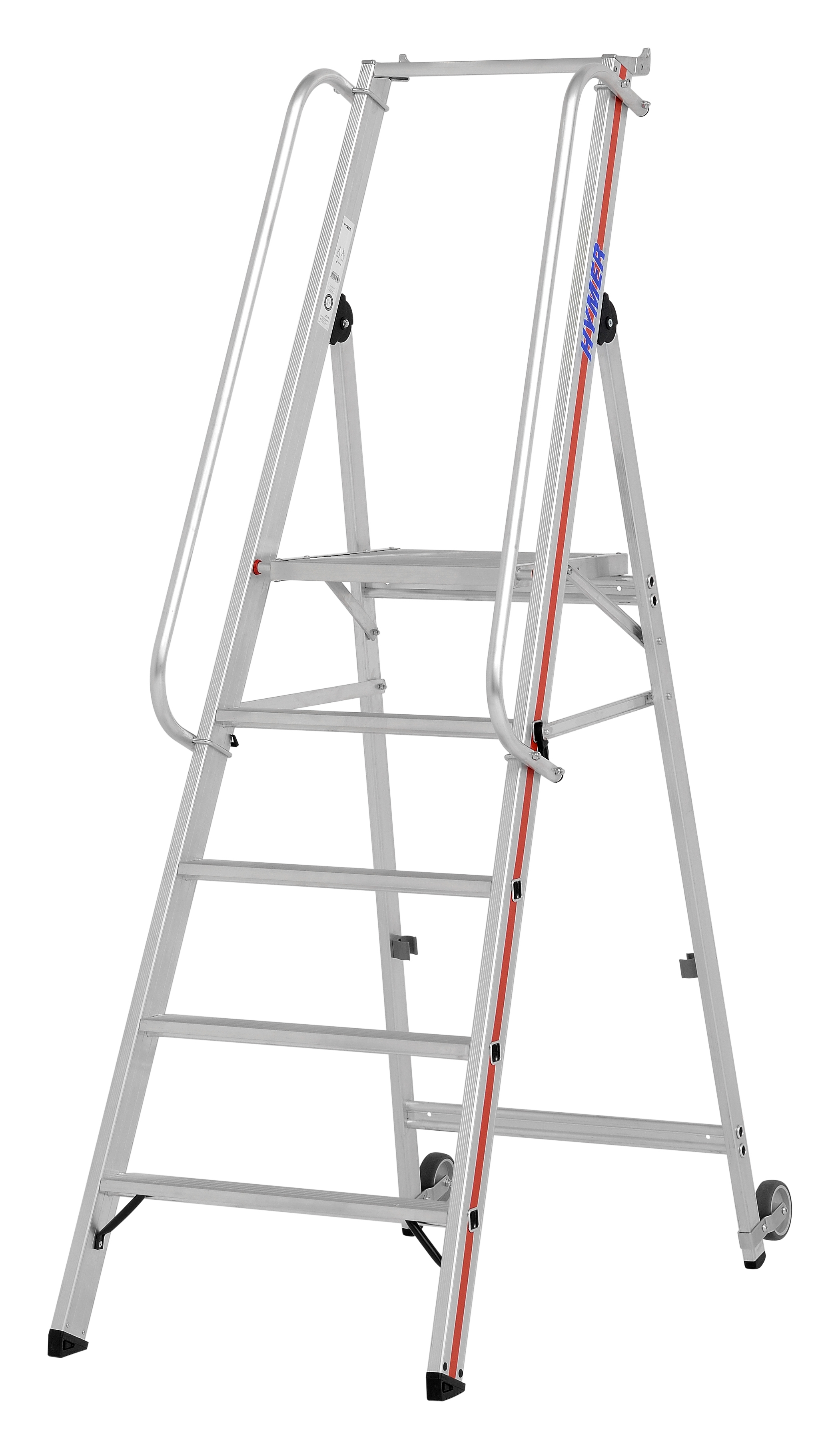 Plattformleiter mit Kipprollen und langem Handlauf - 4 Sprossen/Stufen