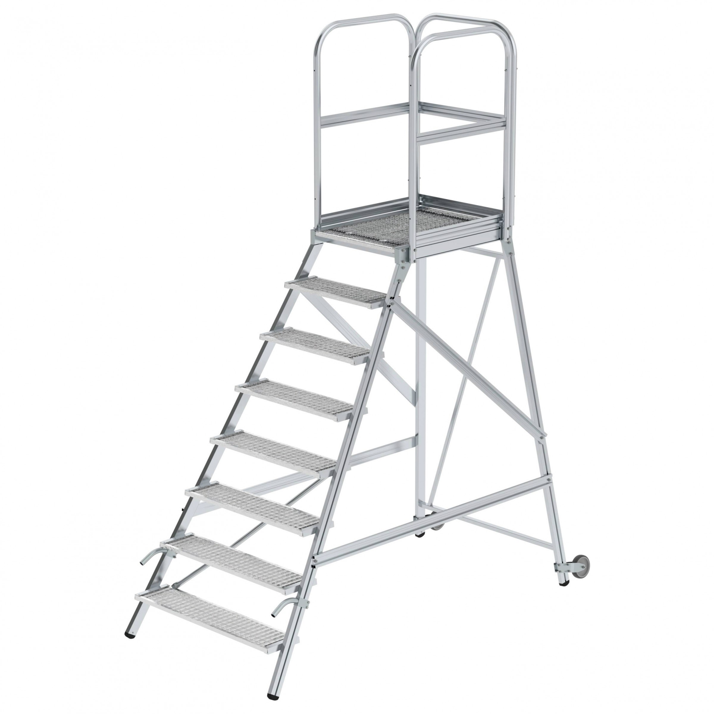 Aluminium-Podestleiter, einseitig begehbar, mit Rollen und Griff, Ausführung Stahl-Gitterrost, 6 Stufen Aluminium-Podestleiter, einseitig begehbar, mit Rollen und Griff, Ausführung Stahl-Gitterrost, 6 Stufen