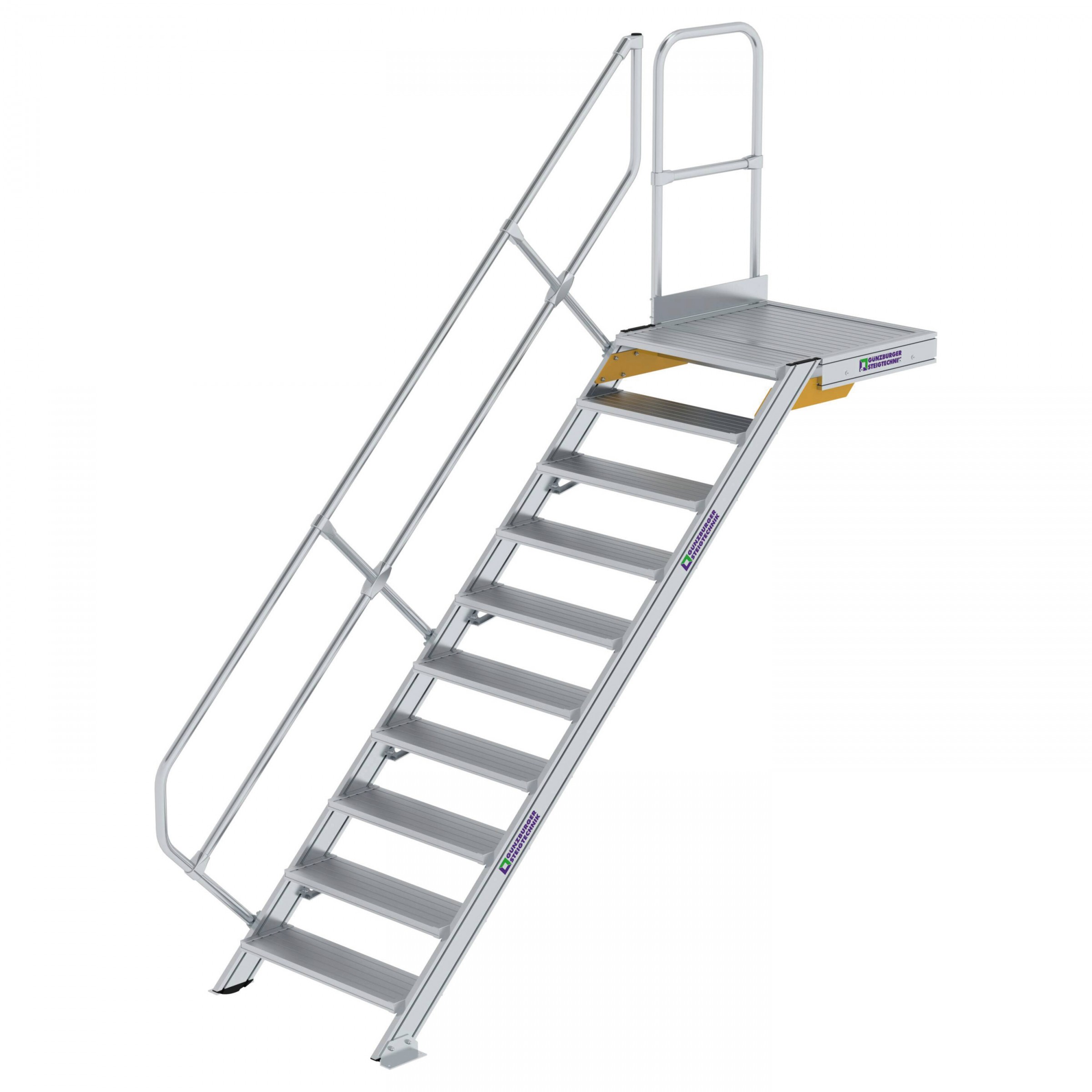 Aluminium-Treppe mit Plattform, 45°, Stufenbreite 800 mm, 10 Stufen