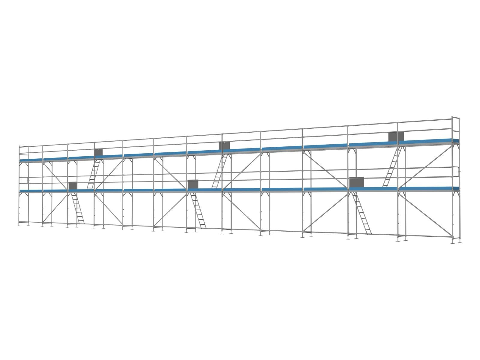 Alu Traufseitengerüst 180 qm - 2,5 m Felder - 30 m lang - 6 m Arbeitshöhe - Komplettpaket
