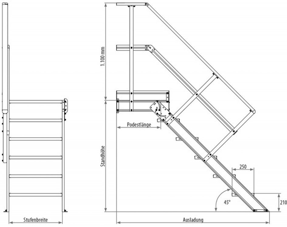 Treppenleiter stationär mit Podest, Treppenneigung 60°, Stufenbreite 1000 mm - 4 Stufen