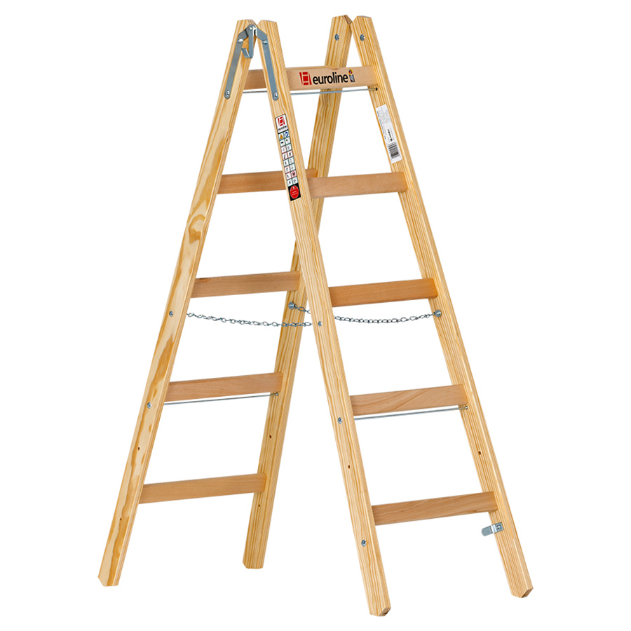 Holz-Sprossenstehleiter mit Eimerhaken, 2 x 5 Sprossen