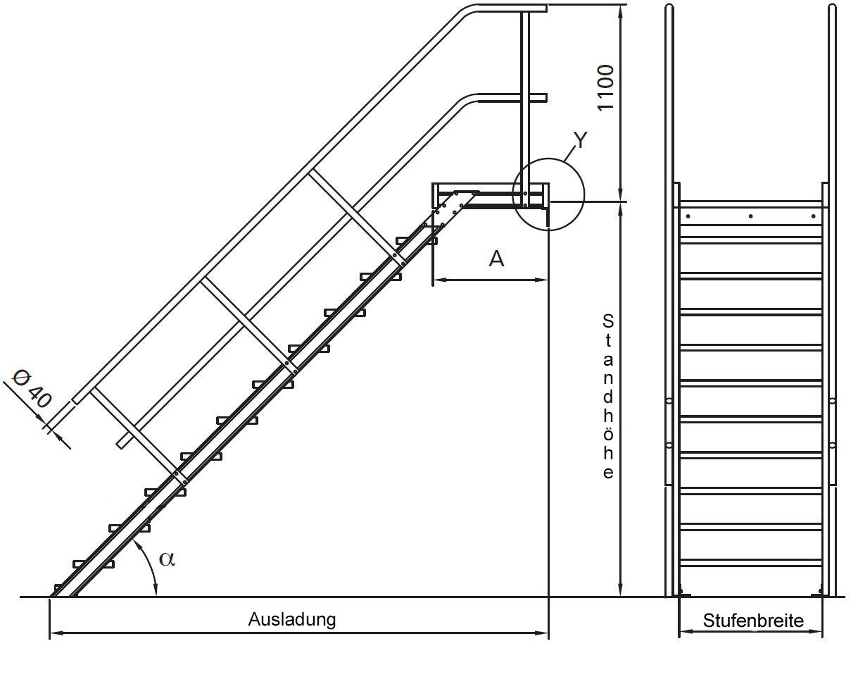 Euroline 60° Podesttreppe ,1000 mm Stufenbreite Podesttreppe, 60° Steigwinkel, 1000 mm Stufenbreite, Alu gerieft, 9 Stufen