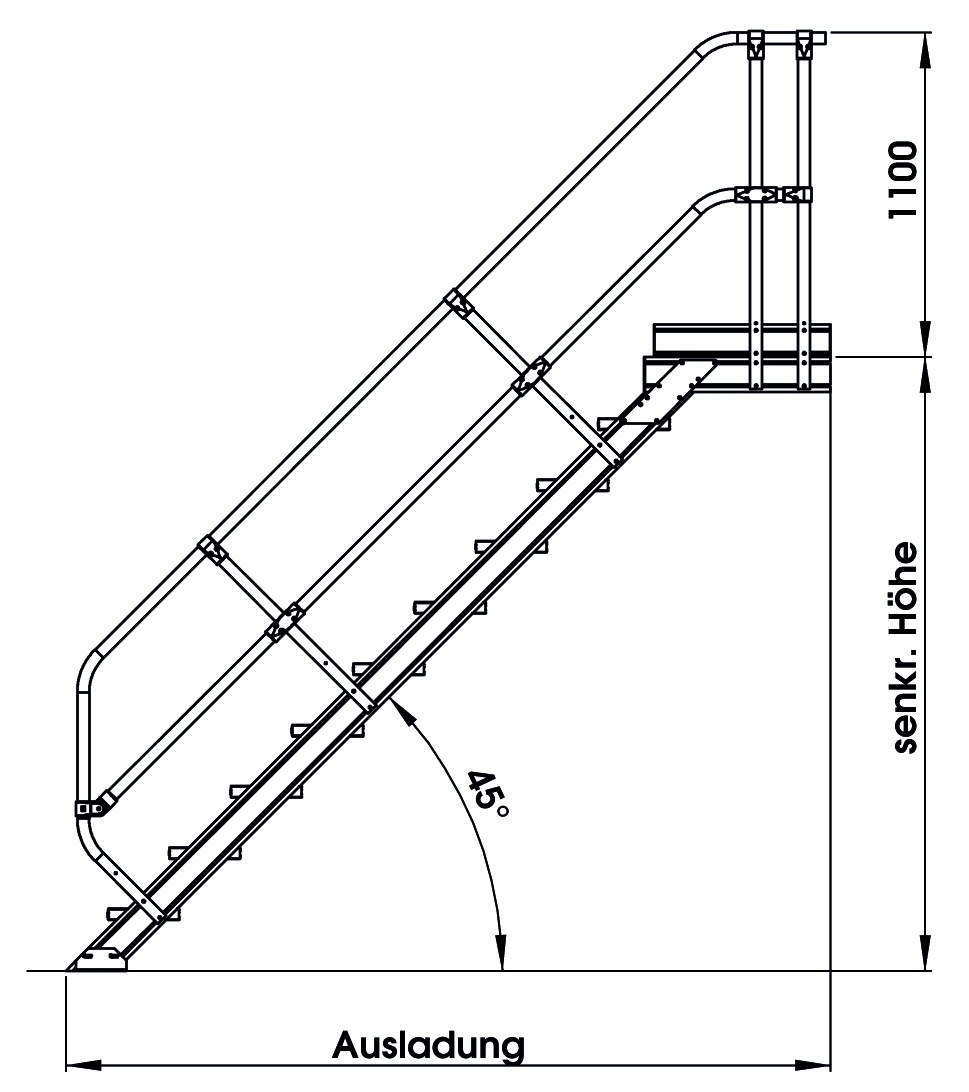 Aluminium-Treppe mit Plattform, 45° Aluminium-Treppe mit Plattform, 45°, Stufenbreite 800 mm, 10 Stufen