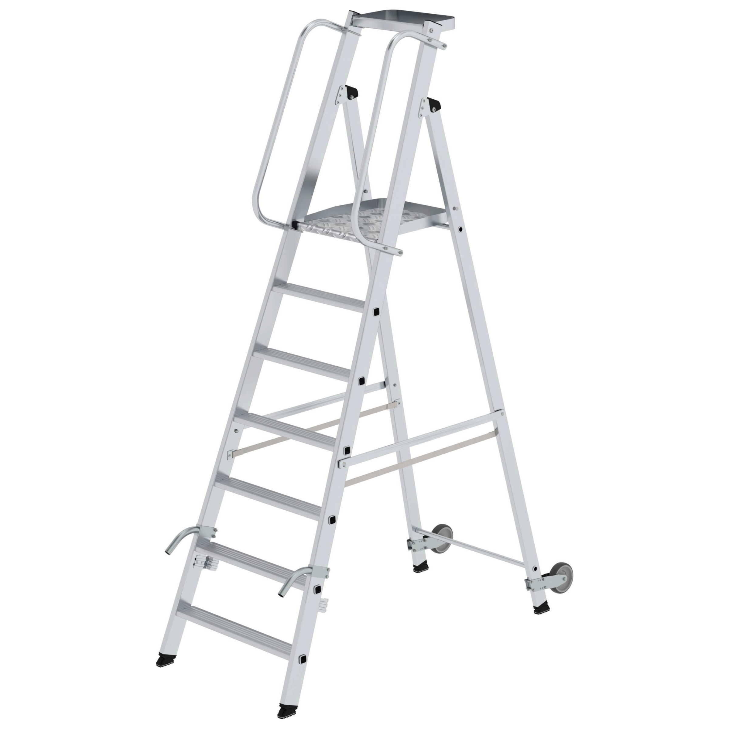 Aluminium-Stehleiter, einseitig begehbar, mit Rollen und Griff, 10 Stufen Aluminium-Stehleiter, einseitig begehbar, mit Rollen und Griff, 10 Stufen