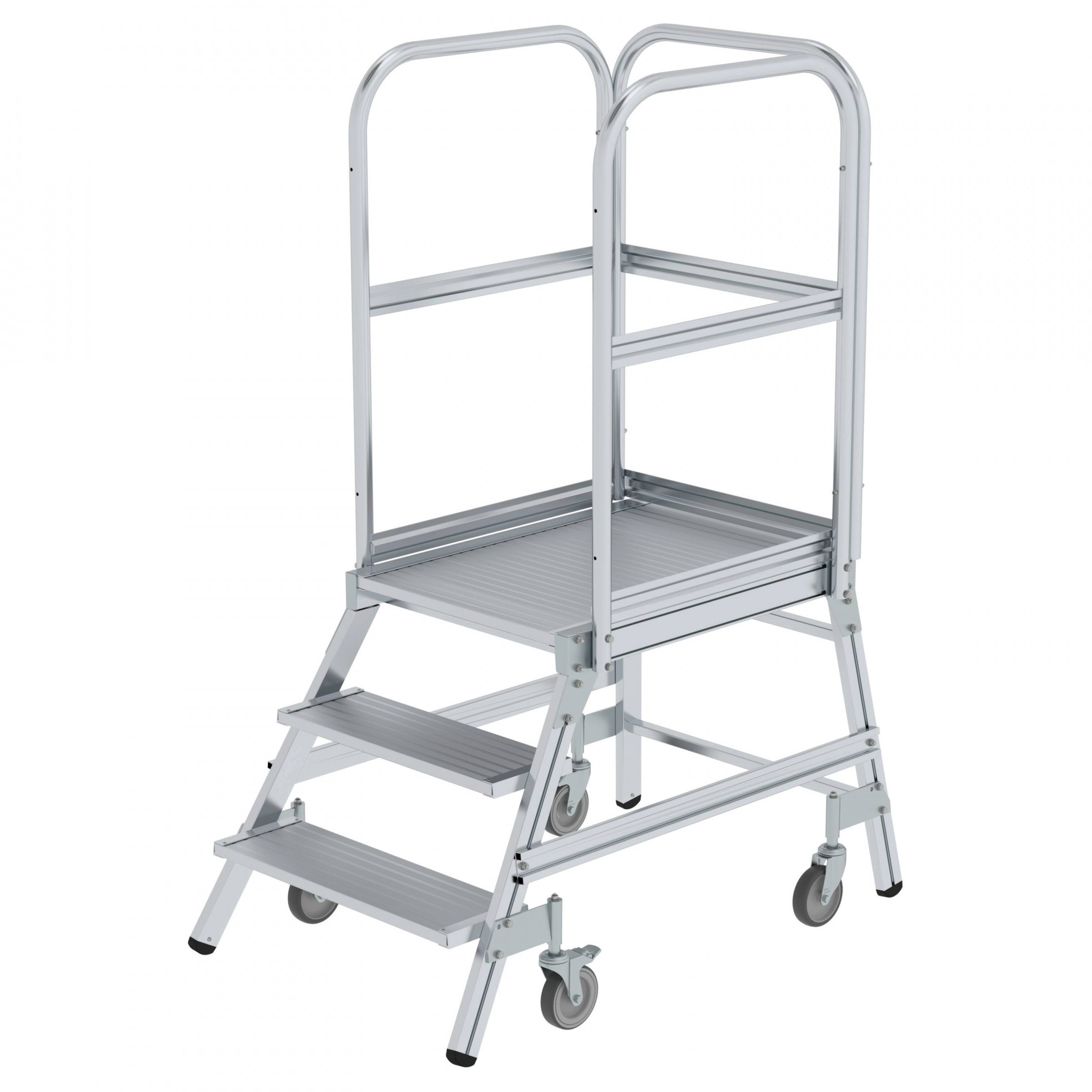 Aluminium-Podestleiter, einseitig begehbar, mit Federrollen, 2 Stufen, Aluminium geriffelt Aluminium-Podestleiter, einseitig begehbar, mit Federrollen, 2 Stufen, Aluminium geriffelt