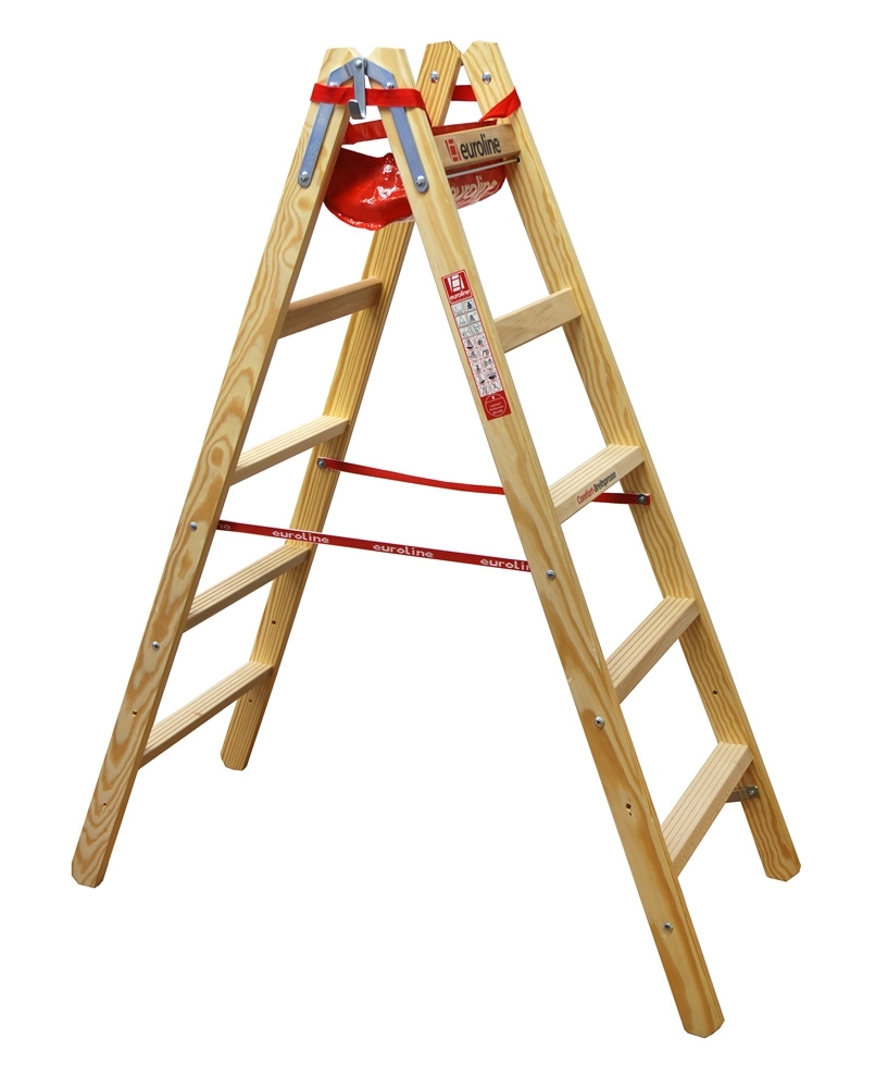 Euroline Holz-Sprossenstehleiter mit Comfort-Breitsprosse und Eimerhaken 2x3 Sprossen