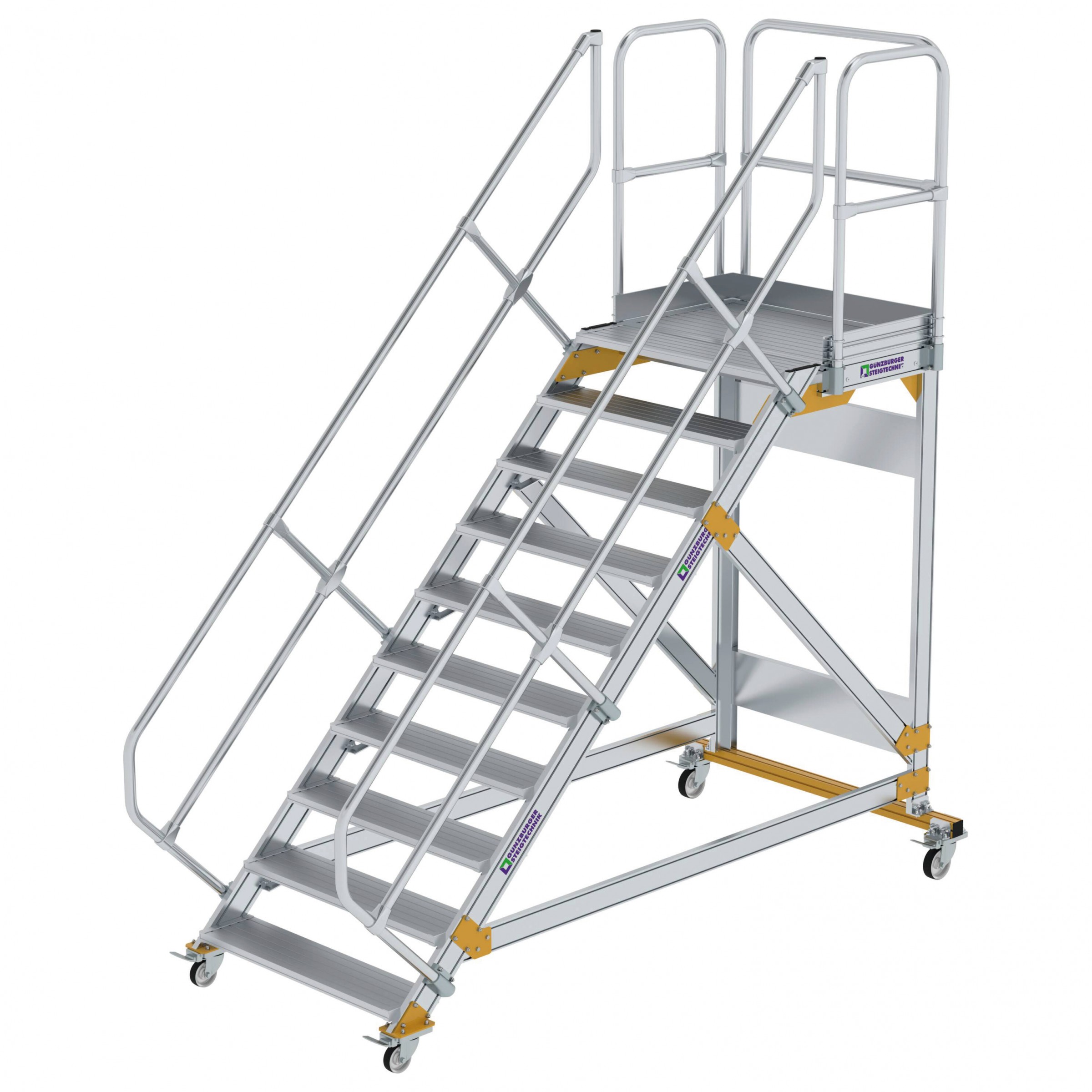 Aluminium-Plattform-Treppe fahrbar 45°, Stufenbreite 1000 mm, 10 Stufen