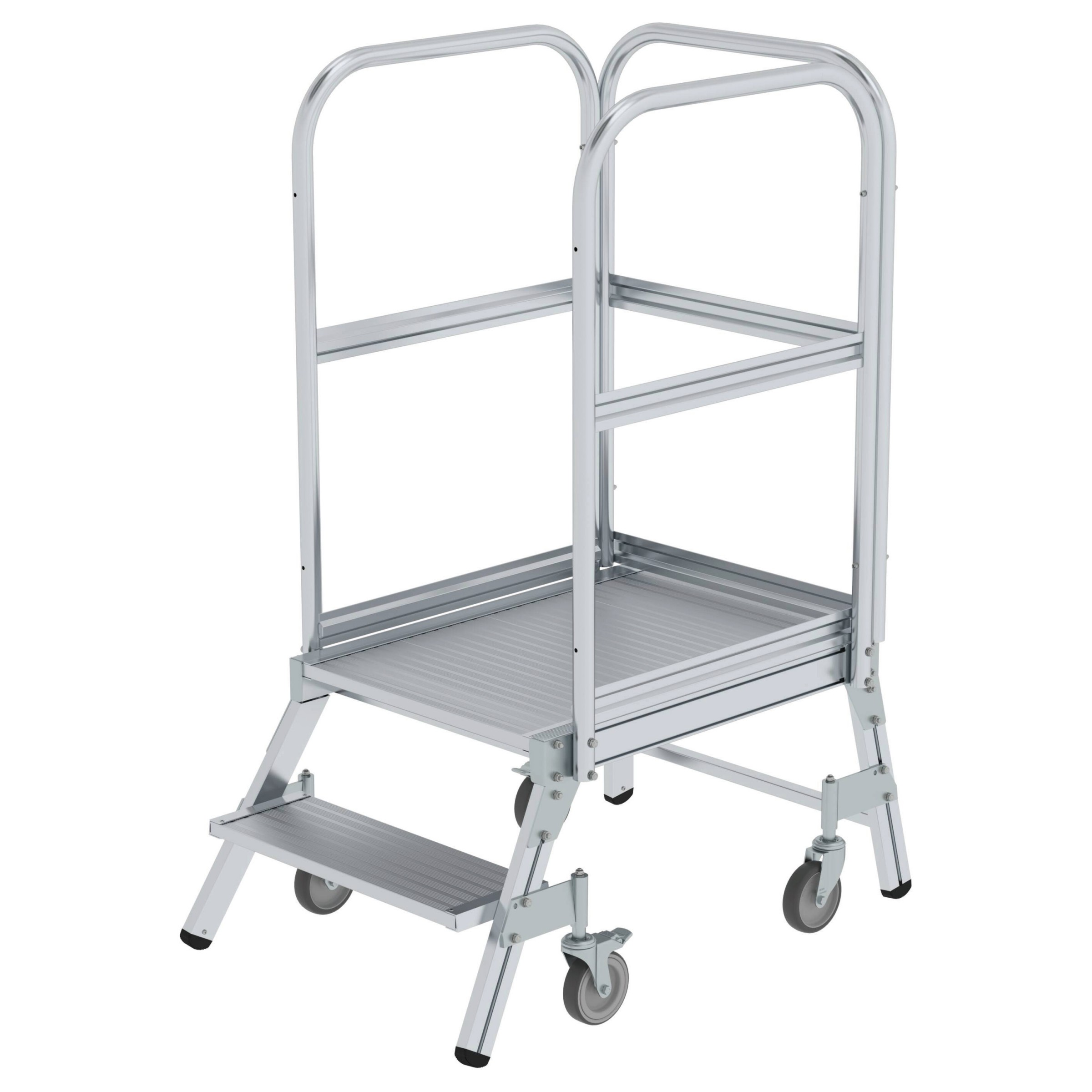 Aluminium-Podestleiter, einseitig begehbar, mit Federrollen, 8 Stufen, Aluminium geriffelt Aluminium-Podestleiter, einseitig begehbar, mit Federrollen, 8 Stufen, Aluminium geriffelt