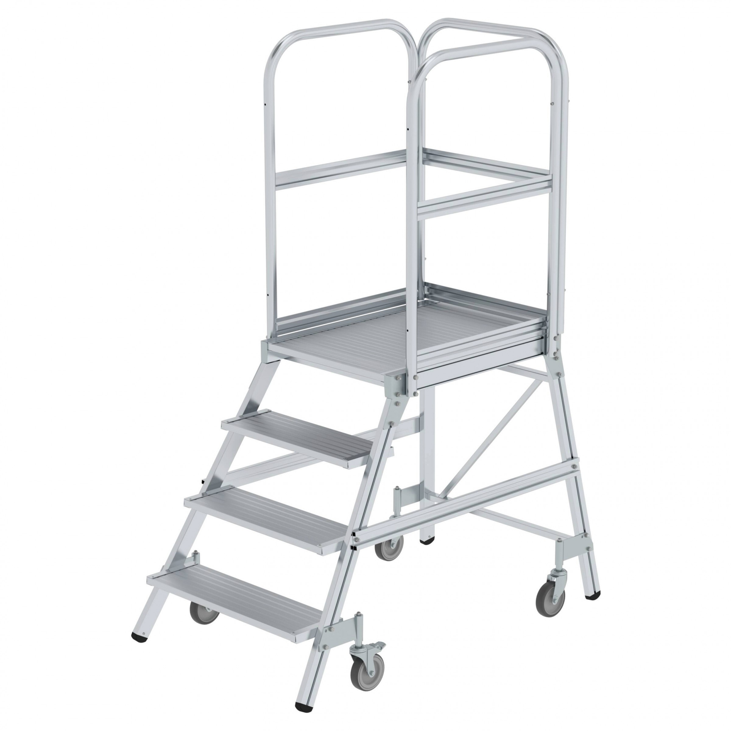 Aluminium-Podestleiter, einseitig begehbar, mit Federrollen, 2 Stufen, Aluminium geriffelt Aluminium-Podestleiter, einseitig begehbar, mit Federrollen, 2 Stufen, Aluminium geriffelt