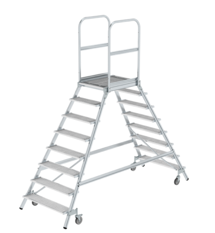 Aluminium-Podestleiter, beidseitig begehbar, 2x8 Stufen Aluminium-Podestleiter, beidseitig begehbar, 2x8 Stufen