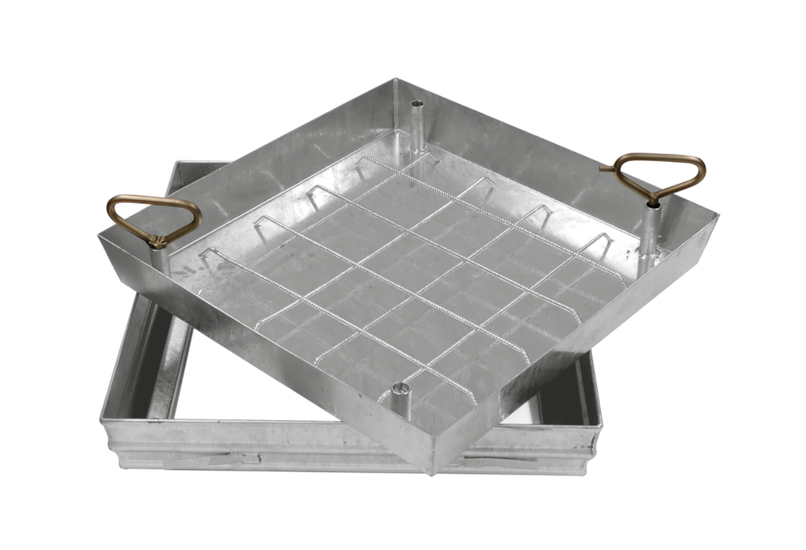 Schachtabdeckung aus Stahl, lichtes Schachtmaß 800 x 600 mm, verzinkt mit Wanne
