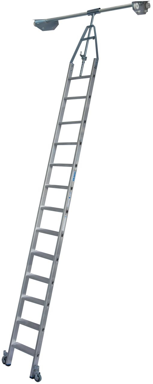Stufen-Regalleiter für Doppelregal mit Rundrohr-Schienenanlage, 13 Stufen Stufen-RegalLeiter für Doppelregal mit Rundrohr-Schienenanlage, 6 Stufen